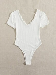 SHEIN Privé Lettuce Trim Ribbed Knit Bodysuit - White - View 5