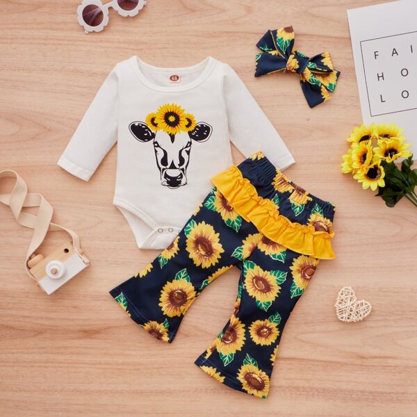 

Baby Sunflower Print Bodysuit & Ruffle Trim Pants, Multicolor