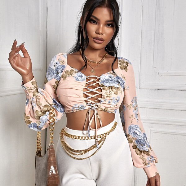 

Floral Print Lace Up Front Bishop Sleeve Crop Blouse, Baby pink