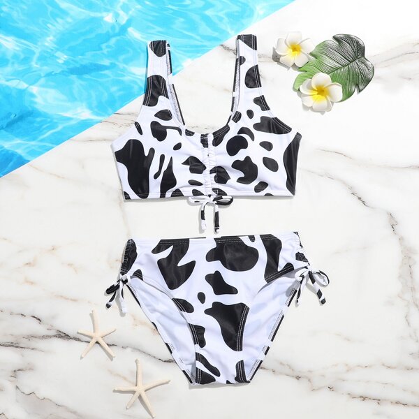 

Girls Cow Pattern Drawstring Front Bikini Swimsuit, Multicolor