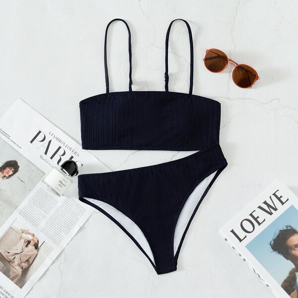 

Plain Adjustable Strap Bikini Swimsuit, Navy blue