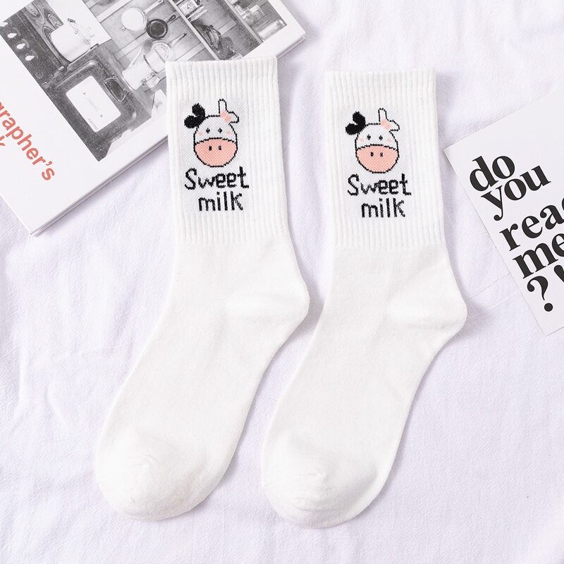 

Cow Pattern Crew Socks, White