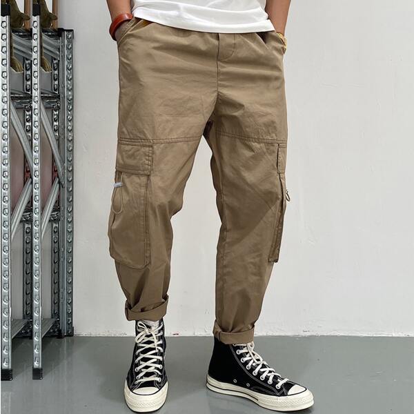 

Men Solid Drawstring Flap Pocket Pants, Khaki