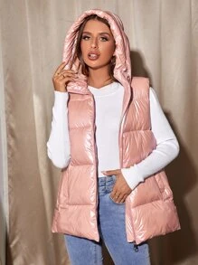 Chaleco de color metálico con capucha - Rosa Pálido - Ver 2