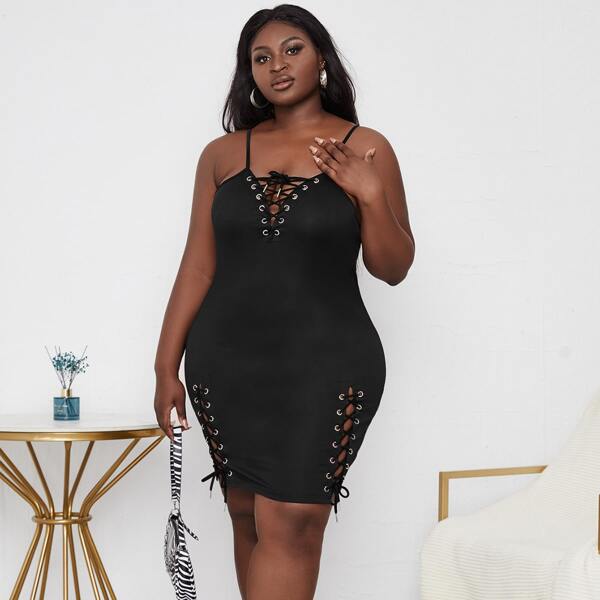 

Plus Lace Up Cami Dress, Black