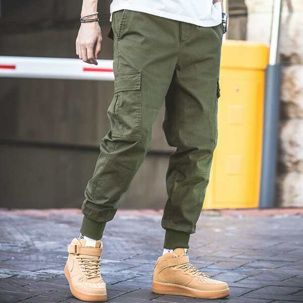 

Men Patched Detail Flap Pocket Side Joggers, Army green