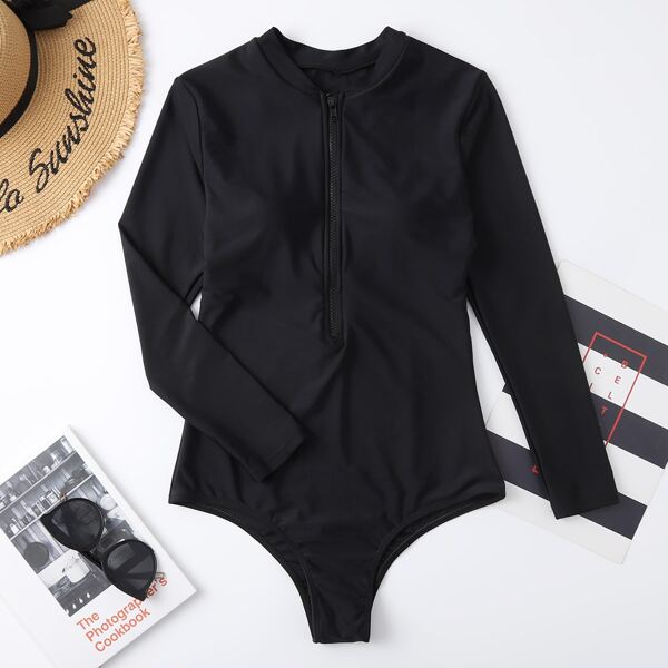 

Solid Zipper Front One Piece Swimsuit, Black