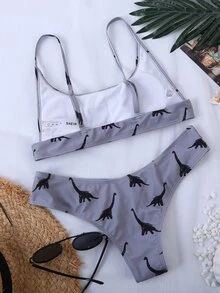 Conjunto de bikini con estampado aleatorio de dinosaurios, para vacaciones de playa de verano - Púrpura polvoriento - Ver 2