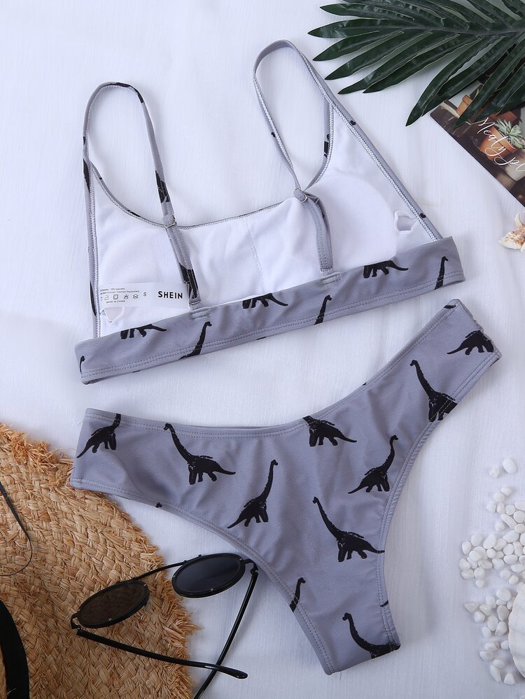 Dinosaur Random Print Bikini Set, For Summer Beach Vacation - Dusty Purple - View 2