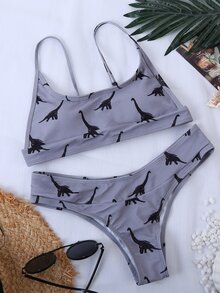 Conjunto de bikini con estampado aleatorio de dinosaurios, para vacaciones de playa de verano - Púrpura polvoriento - Ver 3
