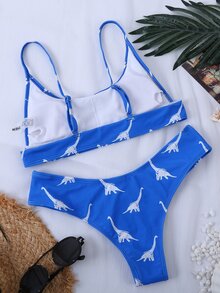 Dinosaur Random Print Bikini Set, For Summer Beach Vacation - Blue and White - View 2