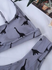 Conjunto de bikini con estampado aleatorio de dinosaurios, para vacaciones de playa de verano - Púrpura polvoriento - Ver 4