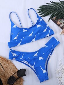 Dinosaur Random Print Bikini Set, For Summer Beach Vacation - Blue and White - View 5