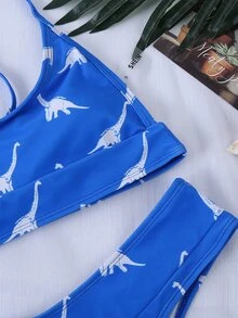 Dinosaur Random Print Bikini Set, For Summer Beach Vacation - Blue and White - View 6