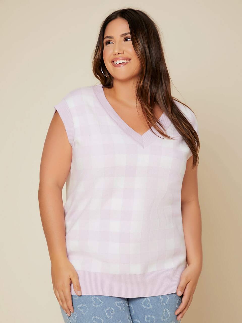 Plus Gingham Pattern Sweater Vest Fall/Winter