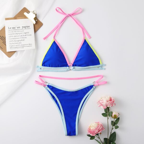 

Contrast Binding Halter Triangle Bikini Swimsuit, Multicolor