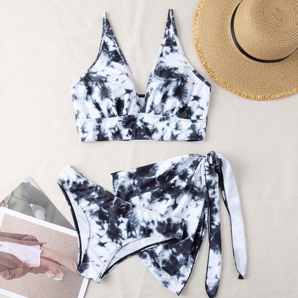 

3pack Tie Dye V Neck Tie Side Bikini Swimwear, Black and white