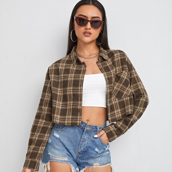 

Tartan Print Patch Pocket Crop Blouse, Multicolor