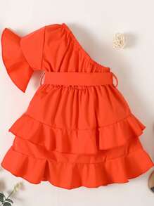 Đầm em bé Thắt lưng Xù phân lớp màu trơn Dễ thương - trái cam - Xem 2