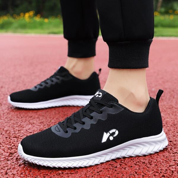 

Men Letter Graphic Mesh Panel Running Shoes, Black and white