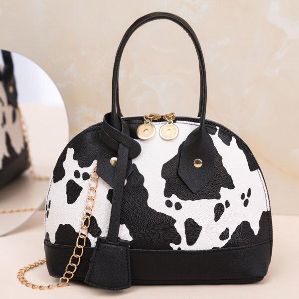 

Cow Pattern Chain Dome Bag, Black and white