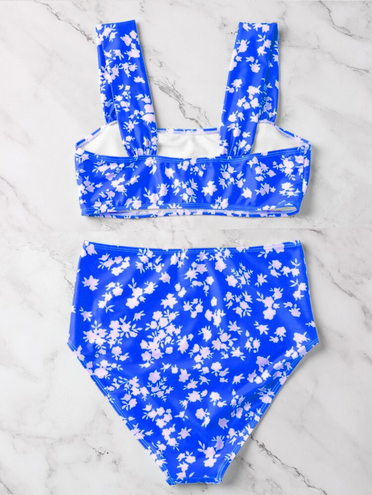 Bikini Com Decote Quadrado E Estampa Floral - Azul - Visão 2