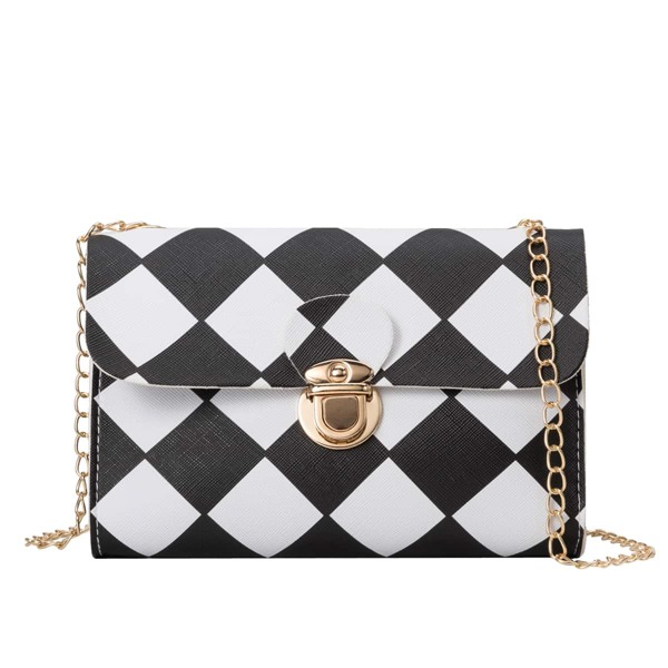 

Two Tone Gingham Pattern Flap Square Bag, Black and white