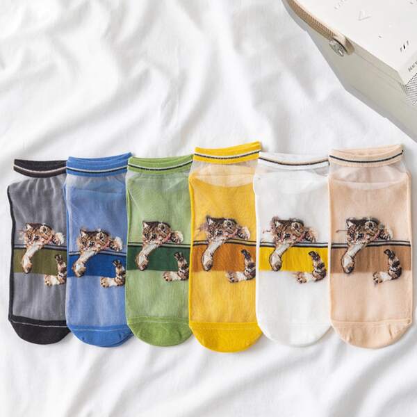 

6pairs Cat Print Ankle Socks, Multicolor