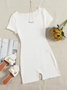 SHEIN EZwear 木耳邊羅紋針織緊身連身短褲 - 白色 - 查看 1
