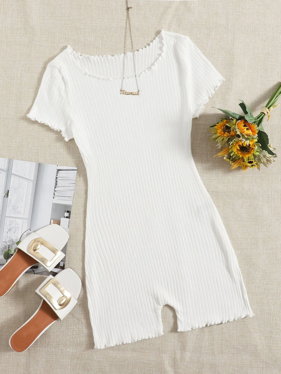 SHEIN EZwear 木耳邊羅紋針織緊身連身短褲 - 白色 - 查看 1