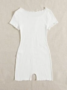SHEIN EZwear 木耳邊羅紋針織緊身連身短褲 - 白色 - 查看 2