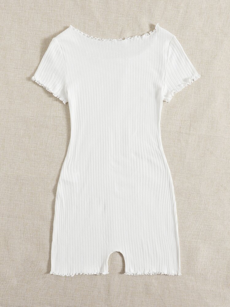 SHEIN EZwear Lettuce Trim Rib-knit Skinny Romper - White - View 2