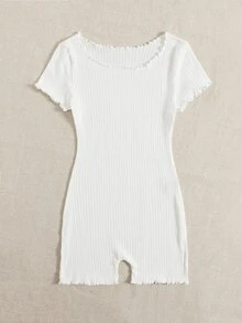 SHEIN EZwear 木耳邊羅紋針織緊身連身短褲 - 白色 - 查看 5
