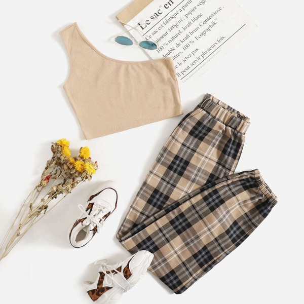 

One Shoulder Crop Top & Plaid Elastic Waist Pants, Khaki