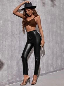 Pantalones con ojal con cordón PU - Negro - Ver 3
