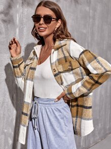 SHEIN LUNE Abrigo de cuadros con bolsillo con solapa con botón delantero - Multicolor - Ver 3