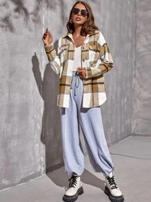 SHEIN LUNE Abrigo de cuadros con bolsillo con solapa con botón delantero - Multicolor - Ver 4