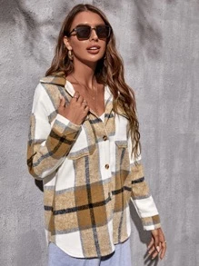 SHEIN LUNE Abrigo de cuadros con bolsillo con solapa con botón delantero - Multicolor - Ver 5