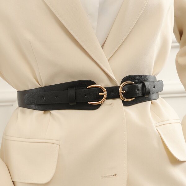 

Double Buckle Wide Belt, Black
