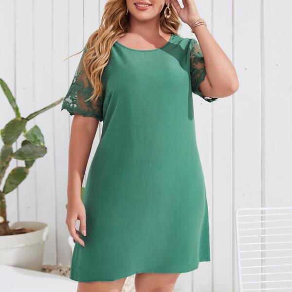 

Plus Contrast Mesh Sleeve Tunic Dress, Green
