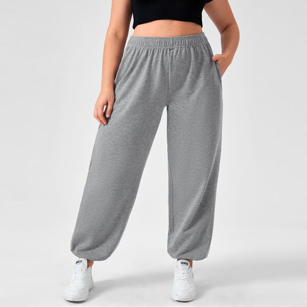 

Plus Solid Elastic Waist Sweatpants, Grey