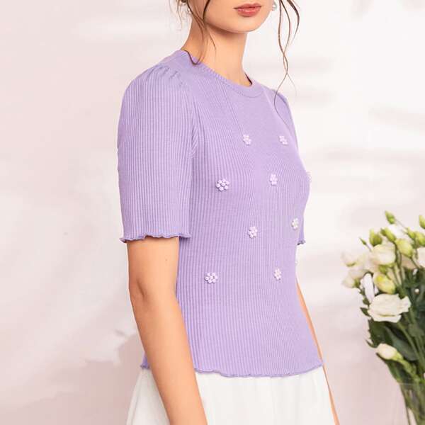 

Pearls Lettuce Trim Puff Sleeve Tee, Lilac purple