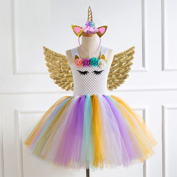 

Toddler Girls Stereo Flowers Mesh Panel Gown Dress & Hair Hoop & Wings, Multicolor