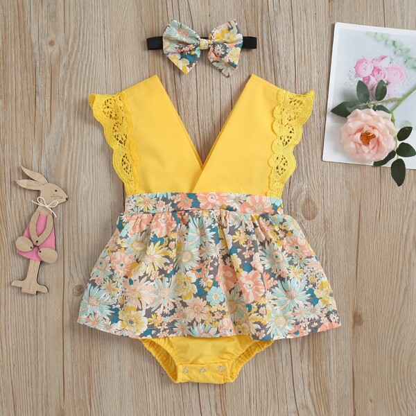 

Baby Girl Floral Lace Trimed Dress With Headband, Multicolor