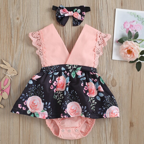 

Baby Floral Print Lace Trim Combo Bodysuit Dress With Headband, Multicolor