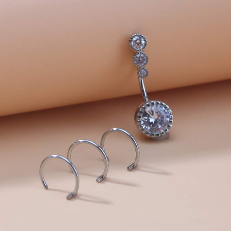 

1pc Rhinestone Belly Ring & 3pcs Lip Ring, Silver