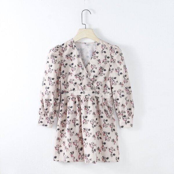 

Girls Allover Floral Print Overlap Collar Dress, Multicolor