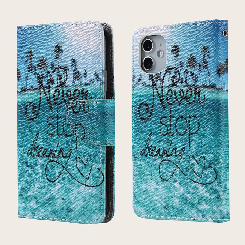 

Letter & Tropical Print Wallet Design Phone Case, Blue