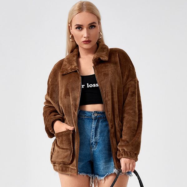 

Plus Solid Zip-up Teddy Jacket, Coffee brown