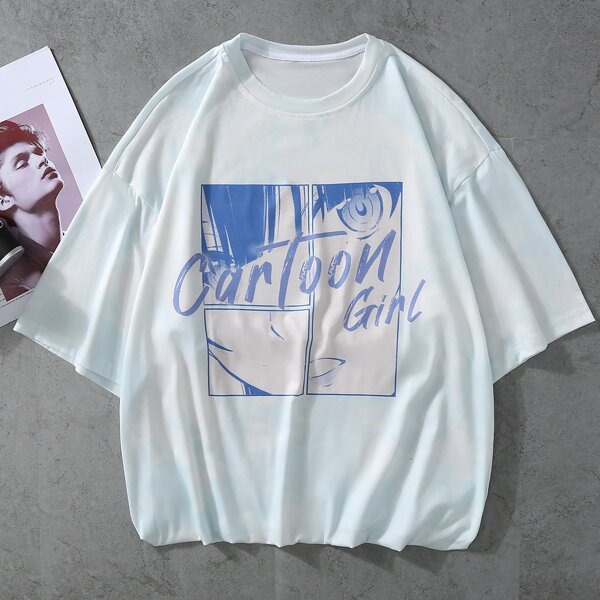 

Men Cartoon Figure & Letter Tee, Mint blue